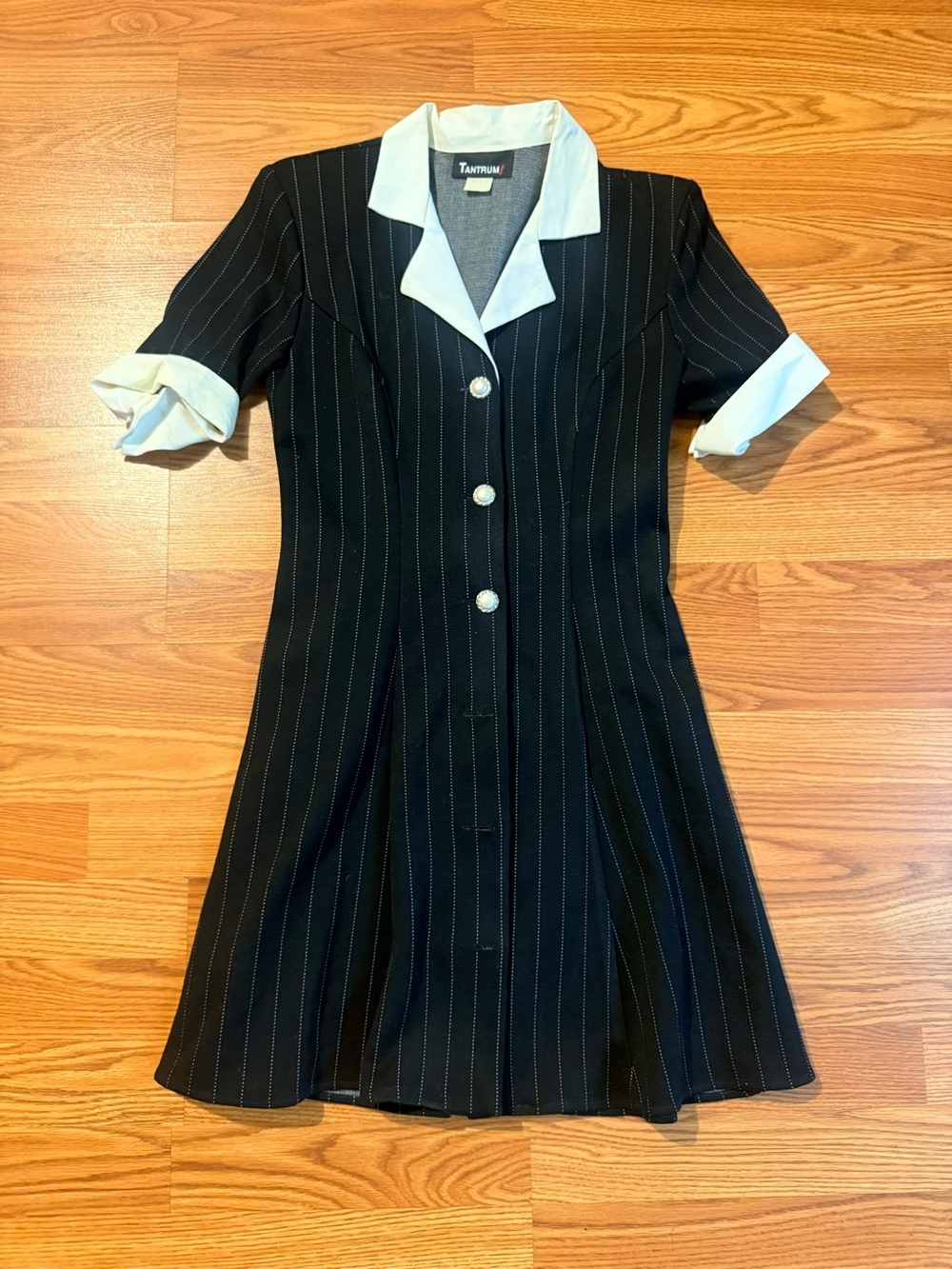 Tabari Vintage  Black Pinstripe Dress with White Collar and Cuffs